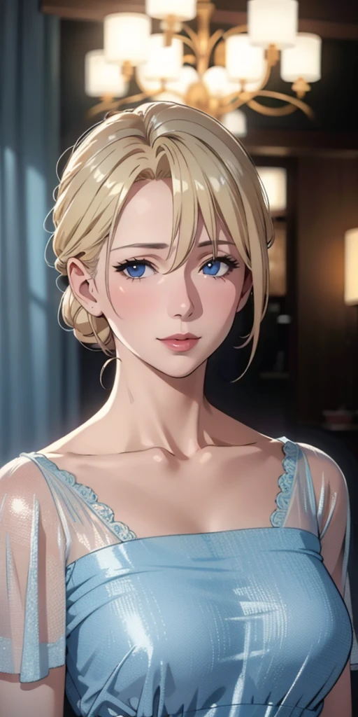 Elegant mature woman, blonde, Chignon Hair, blue eyes, Soft Light, 4K resolution, Detailed, high quality, Beautiful CG,See-through clothing
