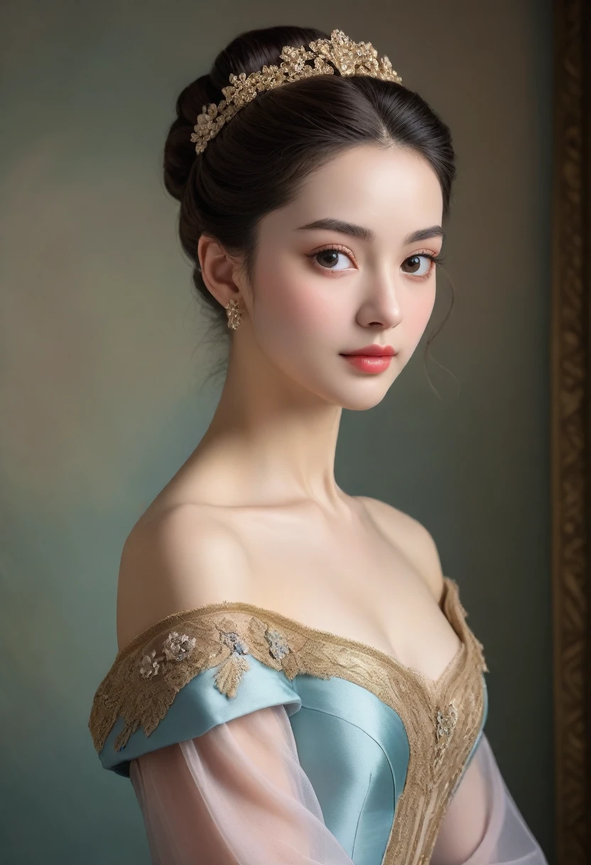 (High resolution,masterpiece:1.2),(Realistic:1.37)"(Highest quality, High resolution, Very detailed, Realistic),A beautiful portrait of a 19th-century ballet dancer, (She is half French and half Japanese., She is a stunning beauty with dark brown eyes and a high nose:1.1), Exquisite ballet costumes, Detailed facial features, Long and graceful neck, Flowing locks of hair, Calm and elegant posture, Soft and delicate lighting, Classical Oil Painting Medium, Vibrant colors, Delicate background with floral motifs"