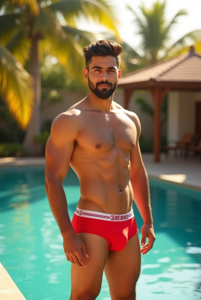 Generate an image 

"A 22 years old Pakistani man with short black hair, normal body a well-groomed beard, and a confident stance standing by a pool. He is wearing red underwear with white detailing, standing in an outdoor setting with palm trees in the background. The man is not wearing glasses, and the sunlight enhances the vibrant colors and shadows in the scene.full body image"