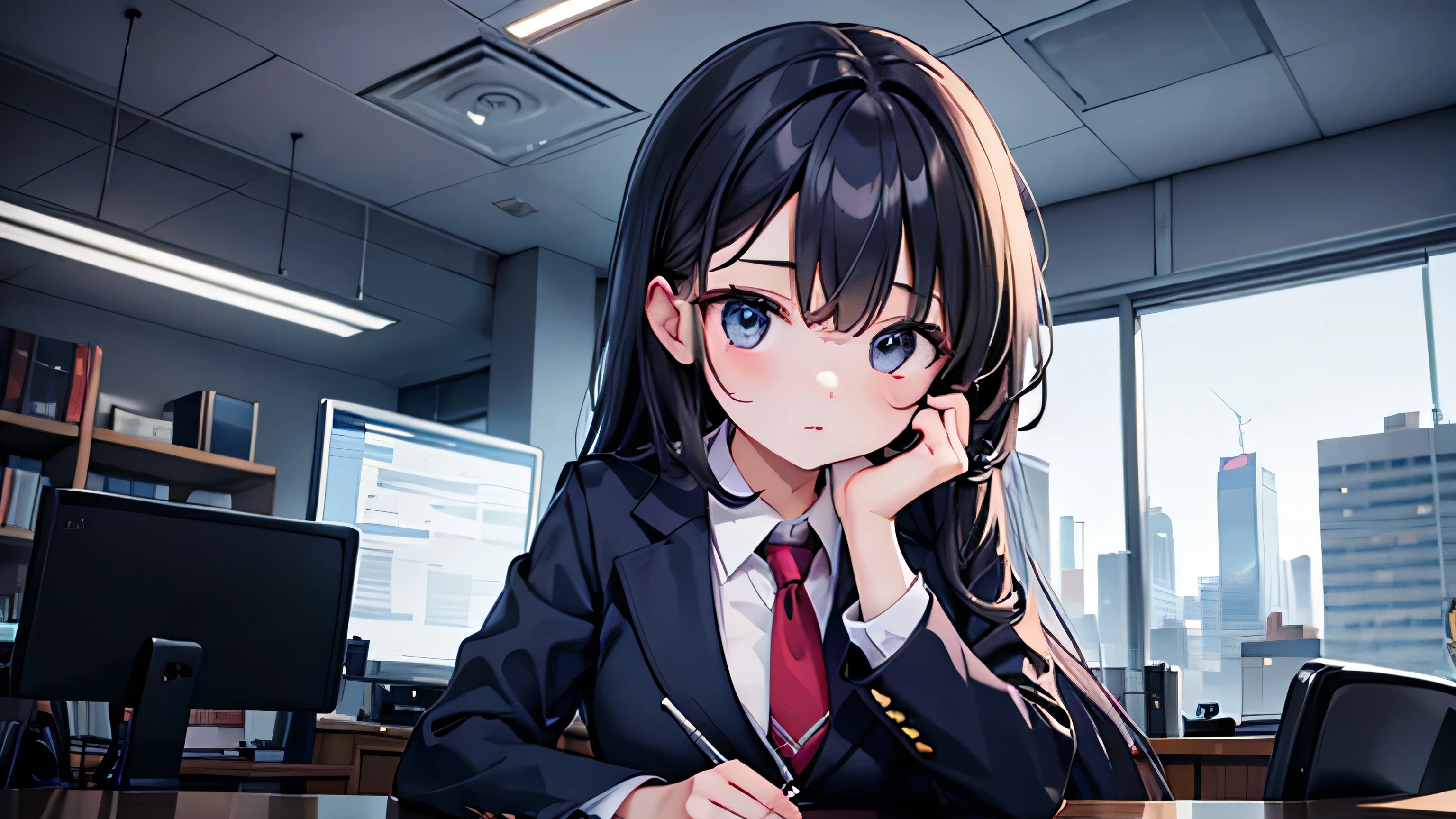 Girl working at desk, office, suit