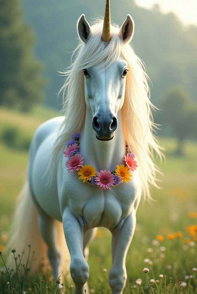 A beautiful white unicorn wearing a colorful flower necklace.