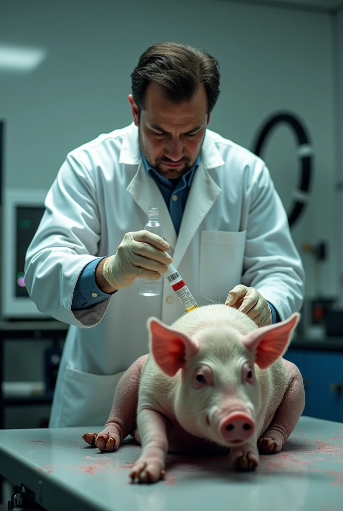 Image of a man doing restraints on a pig. The image is somewhat scary and realistic, make it less scary and add a lab flask and injection in his hand. 