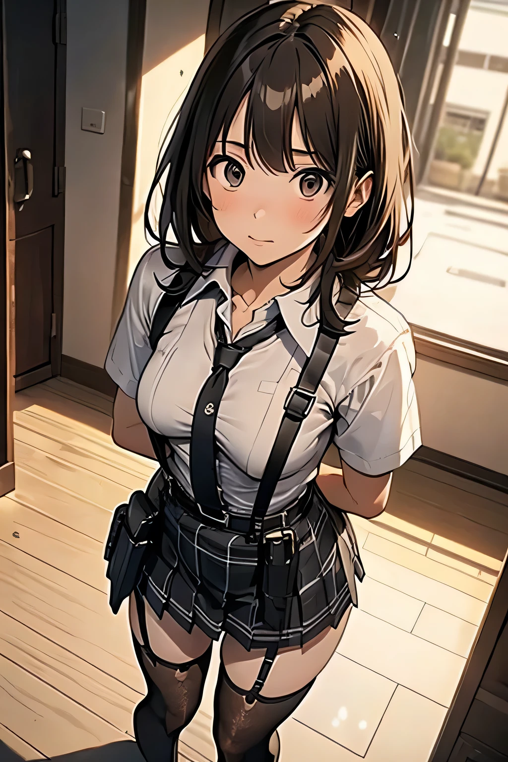 high quality, masterpiece, Ultra-high resolution, (realism: 1.4), Oil painting style, Cinema Lighting, , I stood on the empty asphalt road and looked at it., And the suspenders with the cranes flying　　Large Breasts　 　 　　　　Small face　 　　　holster　　　　　　　 Lying in bed　Looking up　　　　Sweat 　　　belt　summer　脇Sweat 　Black Hole Gloves　suit　　　　 mini skirt　garterbelt　Leg Links　ズボンにbelt　　holster　 　　Hands behind your back　 Anxious expression　Looking up　Anxious face　Knee-high　Knee socks　Knee-highソックス garterbelt　garter　ふとももにgarterbelt