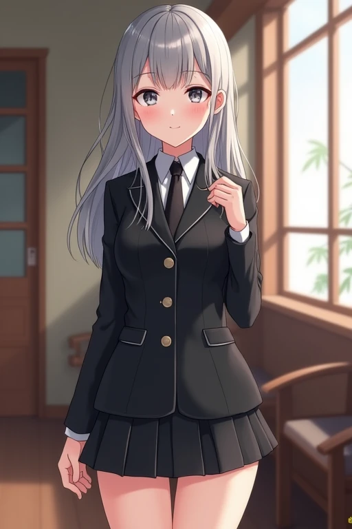 pants, black uniform,whole body, Height: 168cm,almond shape eyes, silver eyes, dull bangs, whole body,1 girl, long hair, straight hair,silver hair, tsurime, 24 years old, Medium chest, blush,silver eyes,masterpiece, highest quality, Super detailed, shape, very delicate and beautiful,very detailed,detailed perfect,detailed hyper, Abundant thighs, black clothes, Standing、indoor、Highest quality, figure, Super detailed, In detail, High resolution, 8k wallpaper, Perfect dynamic composition, Beautiful attention to detail, detailed eyes, Natural color lip, Random sexy poses, japanese 