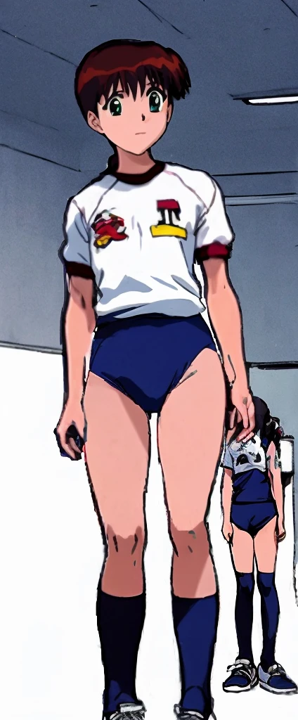 Miyano-saki Satsuki with beautiful legs is standing next to a girl in a white gym uniform and light blue bloomers that look like panties. Both of them are dressed in gym uniforms.。