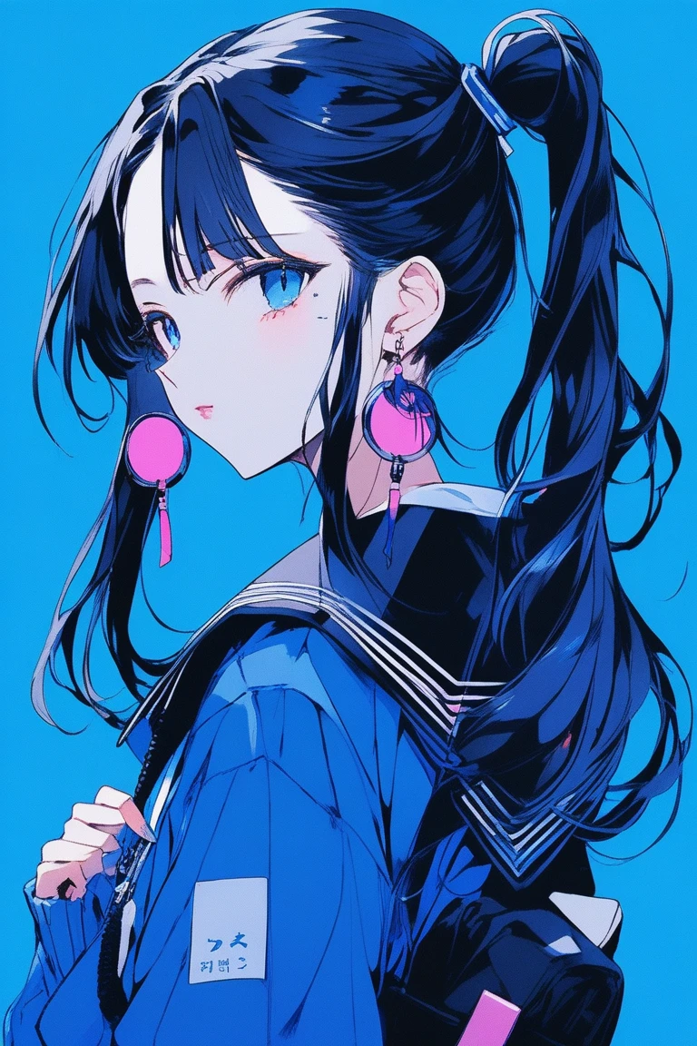 ((masterpiece,Highest quality)), 8k, anime , Realistic ,sketch, anime風のポートレート, 黒猫を連れたanimeの女性, 18-year-old, Blue gradient background, High school girl sailor uniform, Neon ponytail hair, lip, Big earrings, Wear headphones, Texture Trim, Japanese, whole body, (masterpiece,Highest quality)