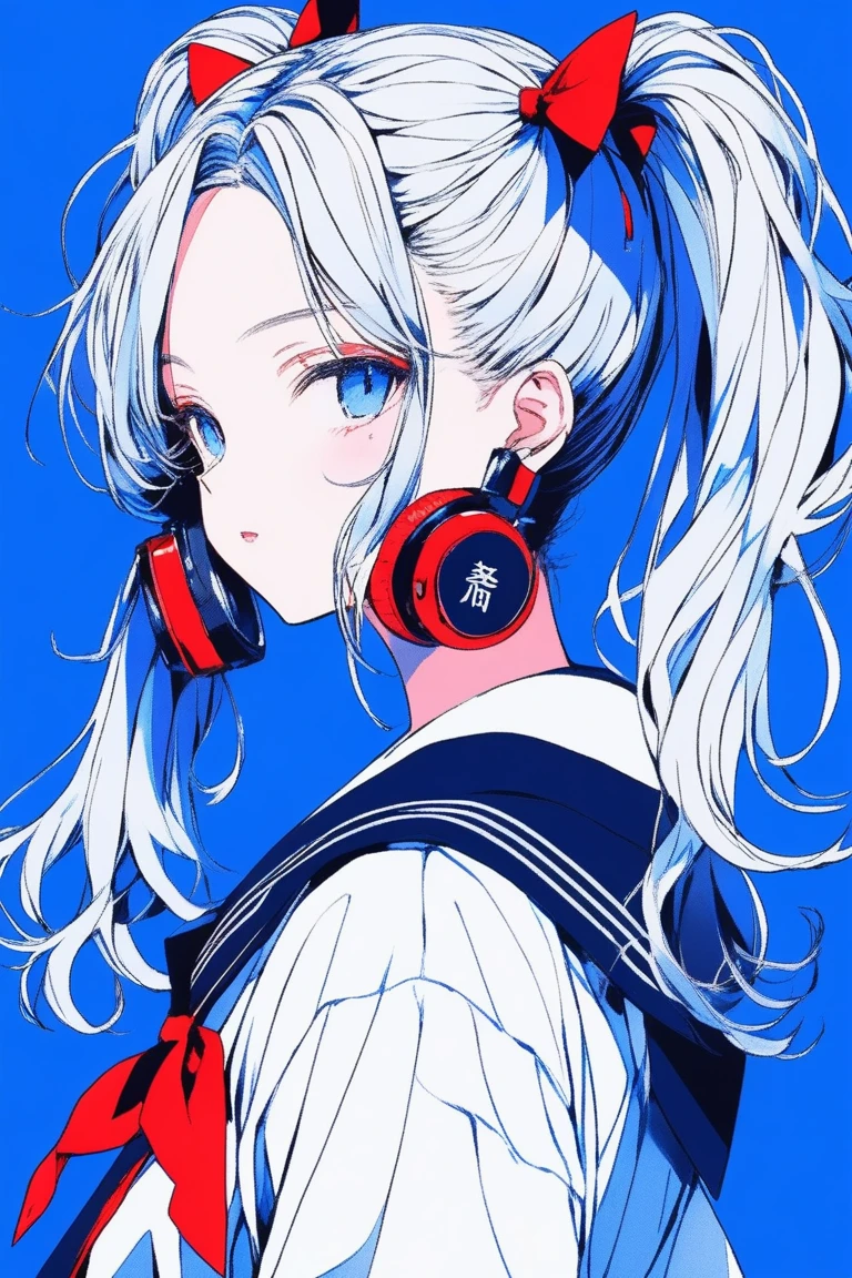 ((masterpiece,Highest quality)), 8k, anime , Realistic ,sketch, anime風のポートレート, 黒猫を連れたanimeの女性, 18-year-old, Blue gradient background, High school girl sailor uniform, Neon ponytail hair, lip, Big earrings, Wear headphones, Texture Trim, Japanese, whole body, (masterpiece,Highest quality)