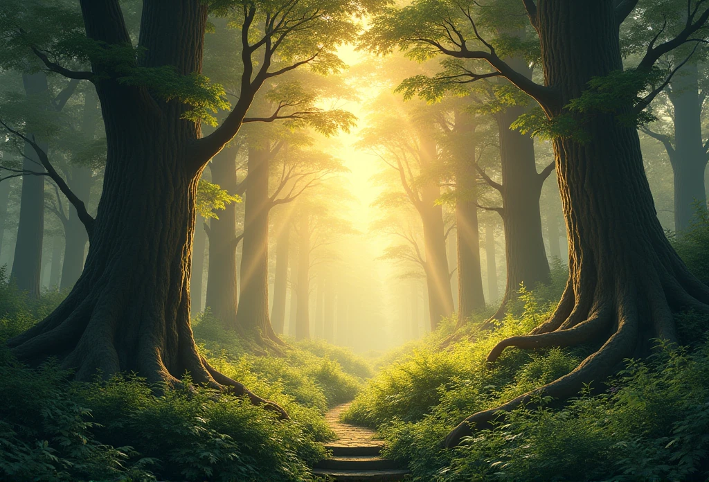 Capture the serene beauty of an ancient forest at sunset、Create awe-inspiring digital art pieces。. そびえ立つwood々The scene should be depicted in soft light..., wood々A golden light shines out, Casting soft shadows on the lush bushes. The image should evoke a sense of calm and wonder..., Immerse your audience in the fascinating world of nature.