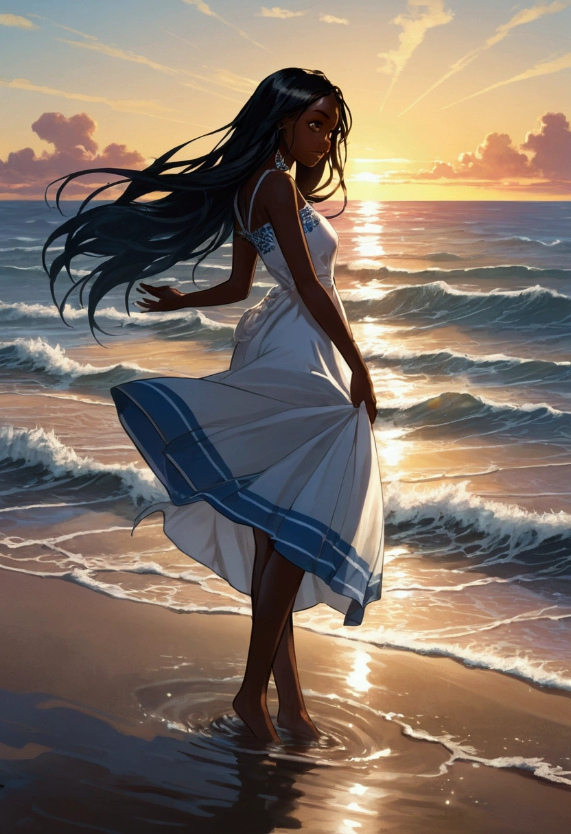 With a girl，Seaside，sunlight，sunset，Hand in hand，comics，High resolution，Long Hair，Beach Dresses，Perfect Face black skin  inside the water standing in the water