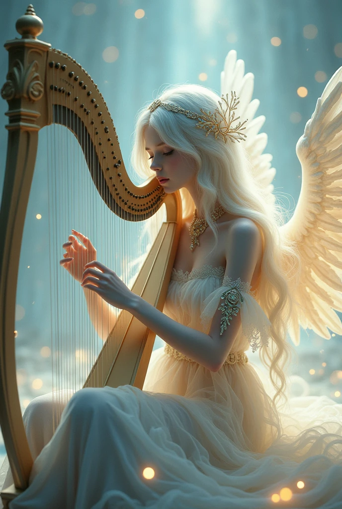 This image depicts a serene, ethereal scene featuring a delicate figure playing a harp. The character appears otherworldly, with pale skin and long, flowing white hair adorned with intricate, shimmering accessories. The setting seems to be a dreamy, celestial environment, filled with soft, glowing lights that enhance the magical ambiance. The figure's clothing is equally ethereal, with light, translucent fabric that adds to the otherworldly, almost angelic feel of the image.