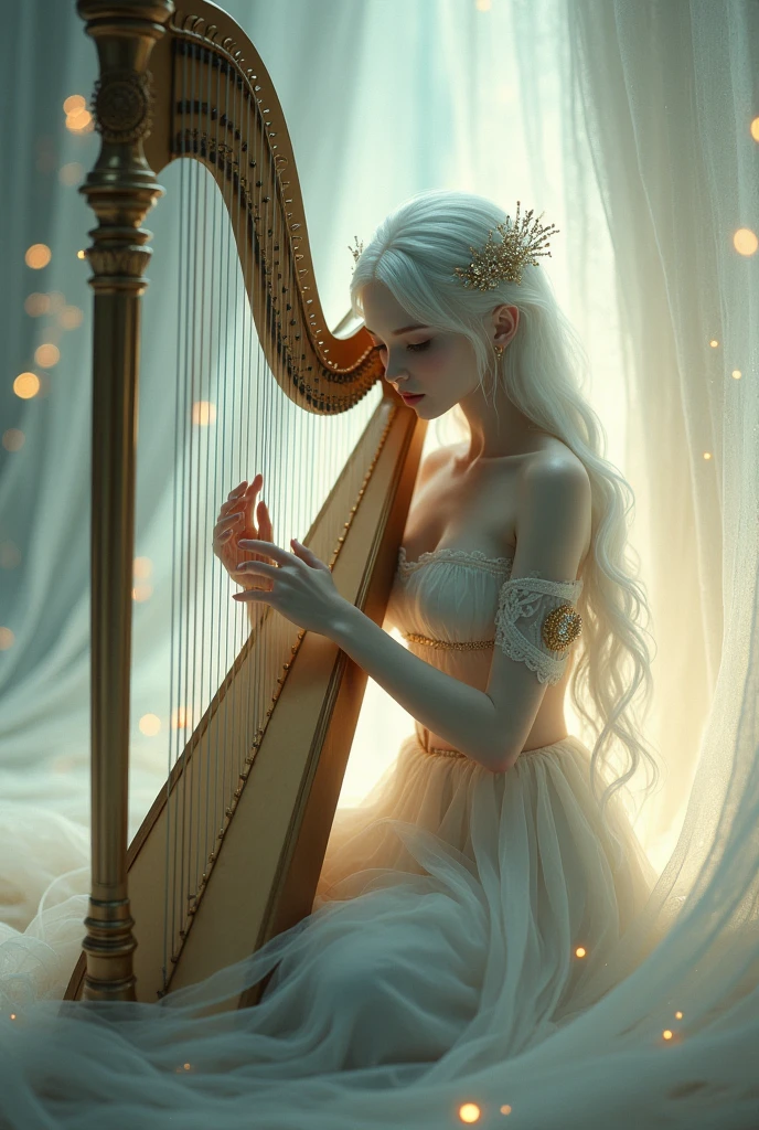 This image depicts a serene, ethereal scene featuring a delicate figure playing a harp. The character appears otherworldly, with pale skin and long, flowing white hair adorned with intricate, shimmering accessories. The setting seems to be a dreamy, celestial environment, filled with soft, glowing lights that enhance the magical ambiance. The figure's clothing is equally ethereal, with light, translucent fabric that adds to the otherworldly, almost angelic feel of the image.