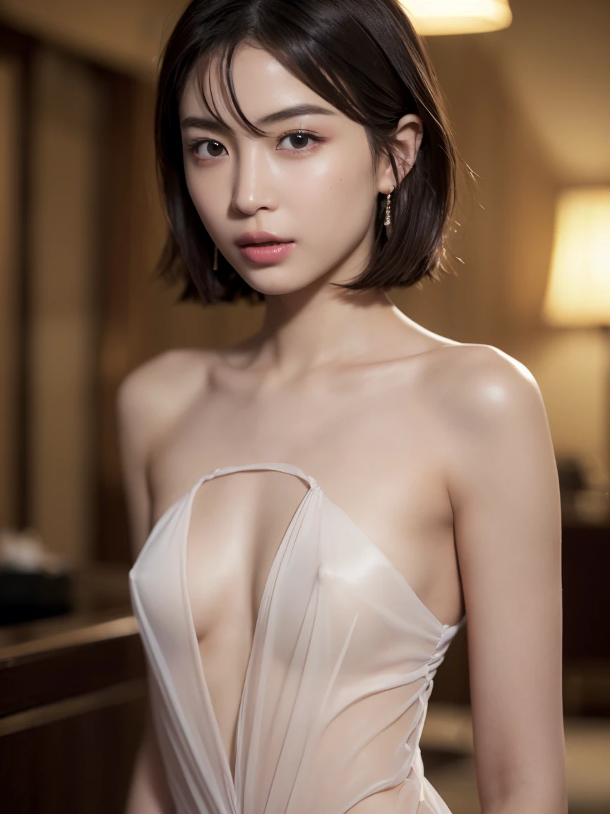 (masterpiece:1.2), Very detailed, Ultra-high resolution, (Realistic, photo Realistic:1.6), High-resolution RAW color photos, Professional photos, Sharp focus:1.2, (Very detailed顔と肌の質感, Very beautiful eyes, Glossのある肌, Glowing Skin, Glowing Skin, Shining Face, Gloss, Oily skin, greasy face, Oily skin, greasy face,), (real Glossのある肌 texture), Perfect Anatomy, Very detailed背景,(Ultra-luxury hotel),1 female,25-year-old woman, Japanese women,height: 168cm,short hair, Straight hair, bangs, Brown Hair,((Flat Chest:1.6)),Slender legs, (((A luxurious, high-end party dress with a sheer, see-through design that reveals a lot of skin, matching the wearer's own skin tone.:1.6))),((Completely naked:1.6))、Luxury earrings、Luxury Necklace