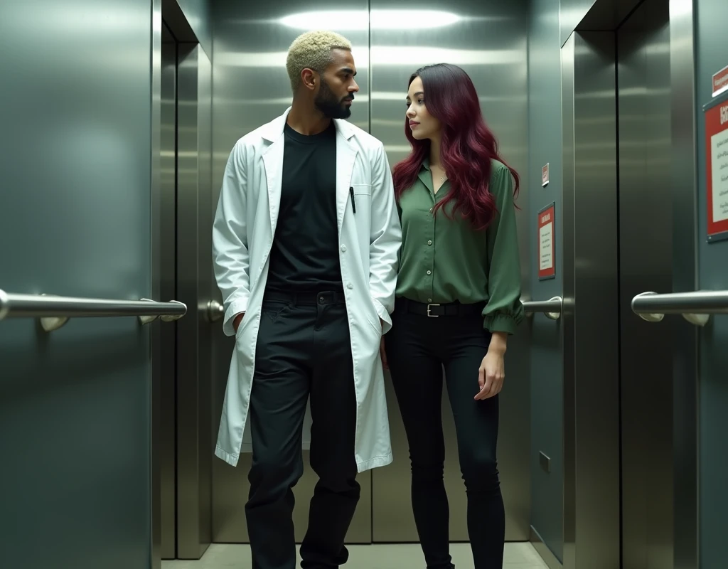 attractive Arabic man (216cm tall:1.8), platinum blond wavy swept-back crew cut, dark skin, long black stubble, white lab coat, black t-shirt, black cargo pants, black boots, standing inside elevator next to a short young Caucasian woman, vibrant maroon side-parted long wavy layered hair, soft green silk work blouse, low-rise black pants and black boots, hip shot, cinematic