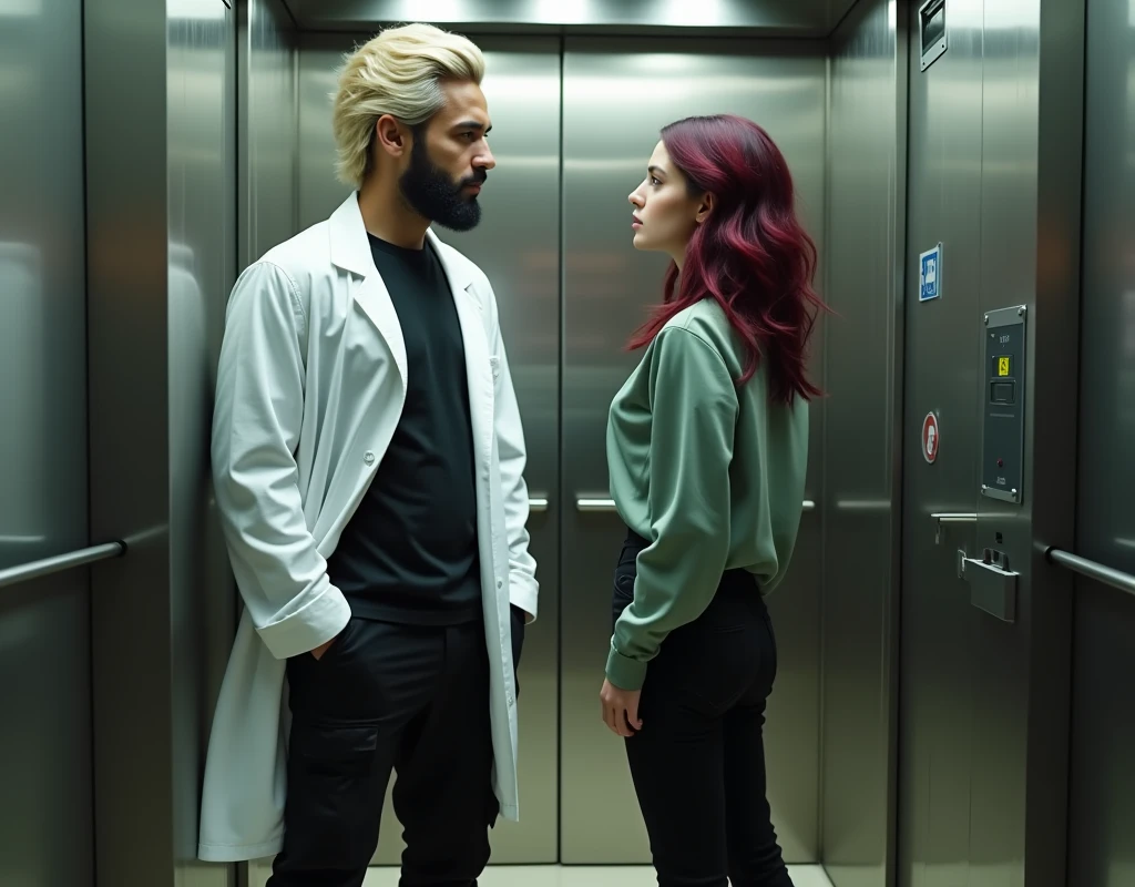 attractive Arabic man (216cm tall:1.8), platinum blond wavy swept-back crew cut, dark skin, long black stubble, white lab coat, black t-shirt, black cargo pants, black boots, standing inside elevator next to a short young Caucasian woman, vibrant maroon side-parted long wavy layered hair, soft green silk work blouse, low-rise black pants and black boots, hip shot, cinematic