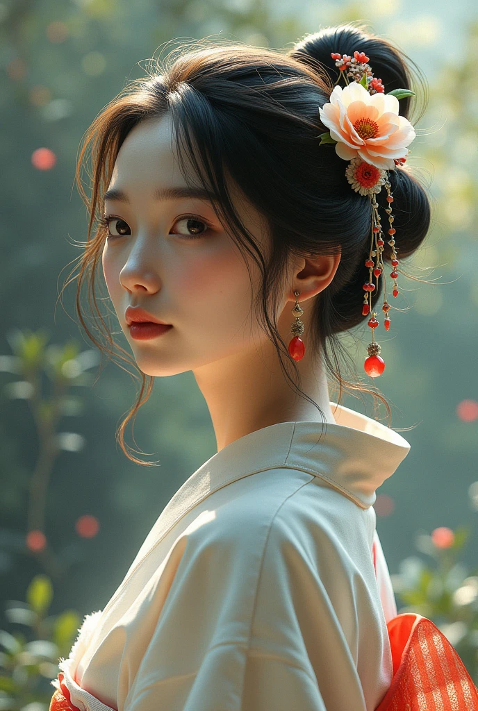 Girl with long hair, flower hair ornament, dress、Japanese style、(And handle background:1.4), Dynamic Angle、