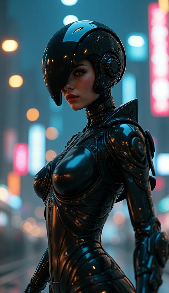 (full body, (dynamic pose), action pose), (rim lighting, studio lighting, distant moon light, night, bloom), (cinematic, best quality, masterpiece, ultra HD textures, highly detailed, hyper realistic, intricate detail, 8k, photorealistic, concept art, matte painting, autodesk maya, vray render, ray tracing, hdr), (dslr, full frame, 16mm focal length, f/8 aperture, dynamic perspective, dynamic angle, golden ratio, wide photography, wide field of view, deep depth of field, zoom out) techwear, urbansamurai 3d, Immeasurable Beauty Waifu as realistic cyborg in a cyberhelmet head 