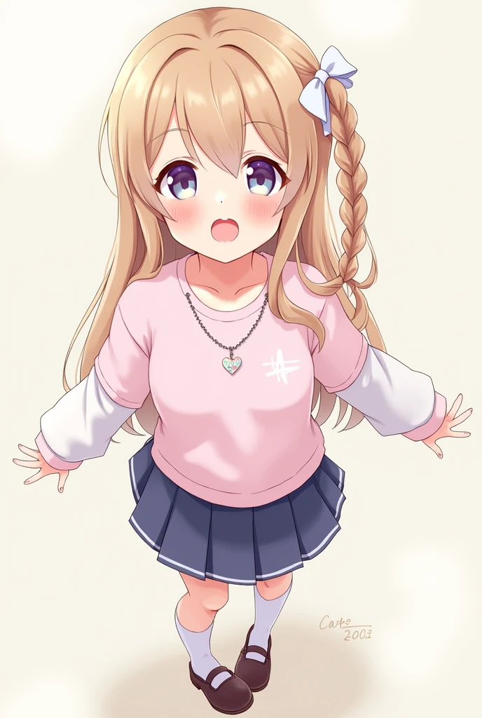 female character, Long hair with braids on the right with a white ribbon a chain with a pastel pink heart and with a white initial a pastel pink shirt, A navy blue choir and school shoes, White sleeves a happy face and normal skin