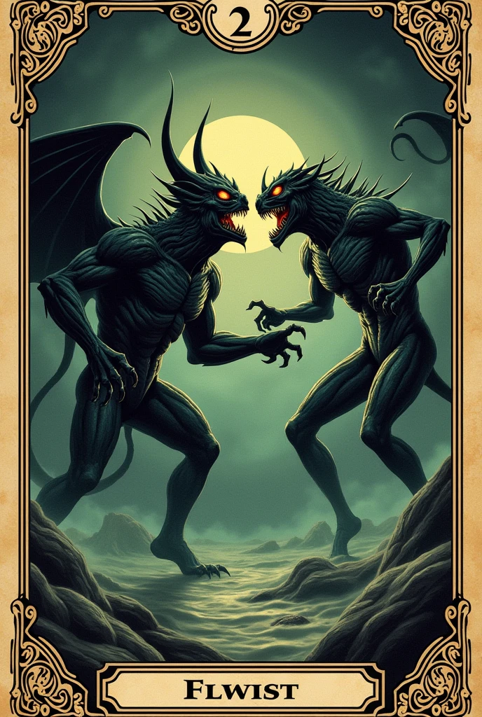 two monsters fighting, vintage_style, masterpiece, tarot_card_style, retro_posters, tarot card