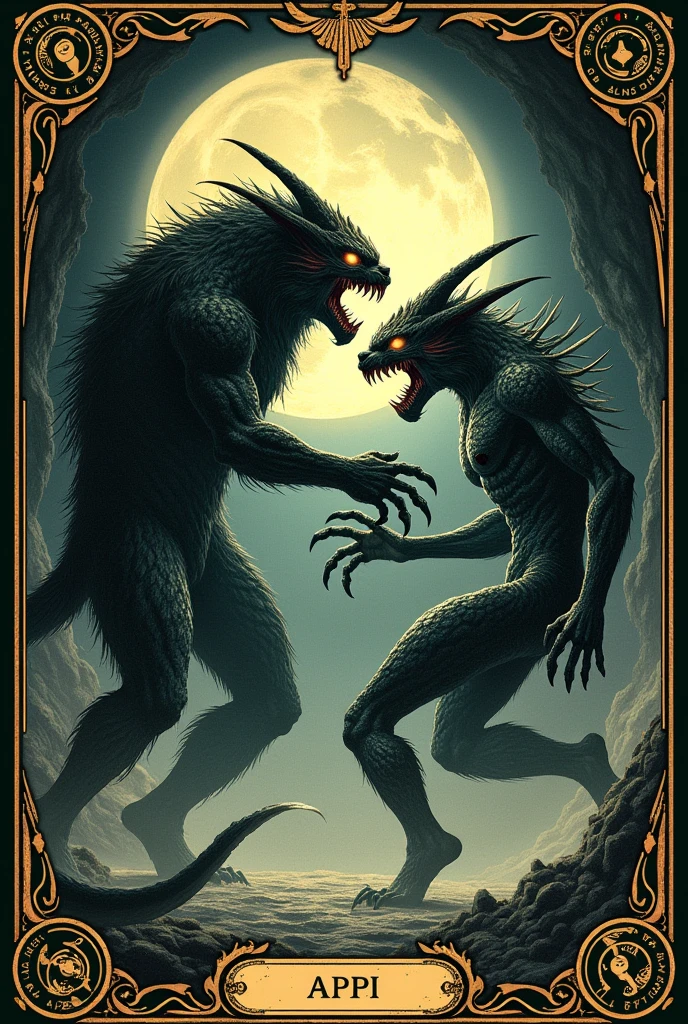 two monsters fighting, vintage_style, masterpiece, tarot_card_style, retro_posters, tarot card
