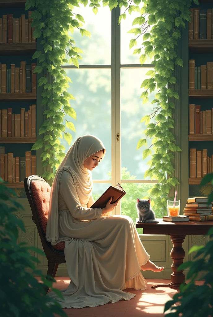 generate illustration of back view of  muslim woman with book and tea watching willow tree through window. 
