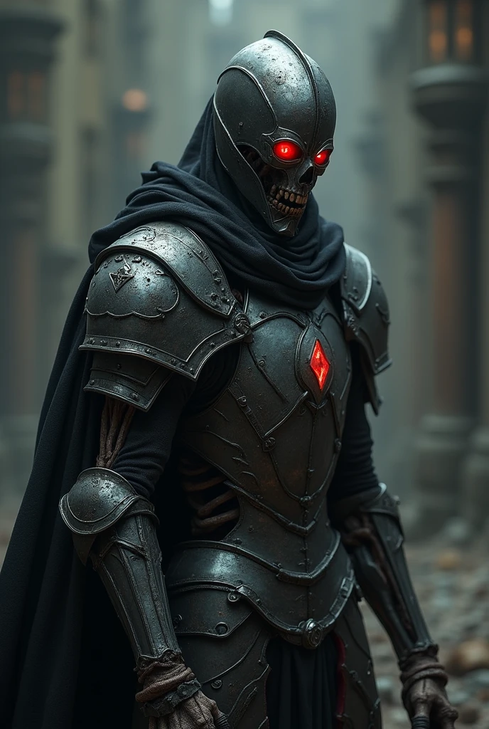 They have the appearance of a sinister knight, wearing heavy armor, that never remove. Any part of the body that happens to be visible shows dry skin, with protruding bones. Instead of eyes, their eye sockets are occupied by bright red lights, visible even through the helmet.