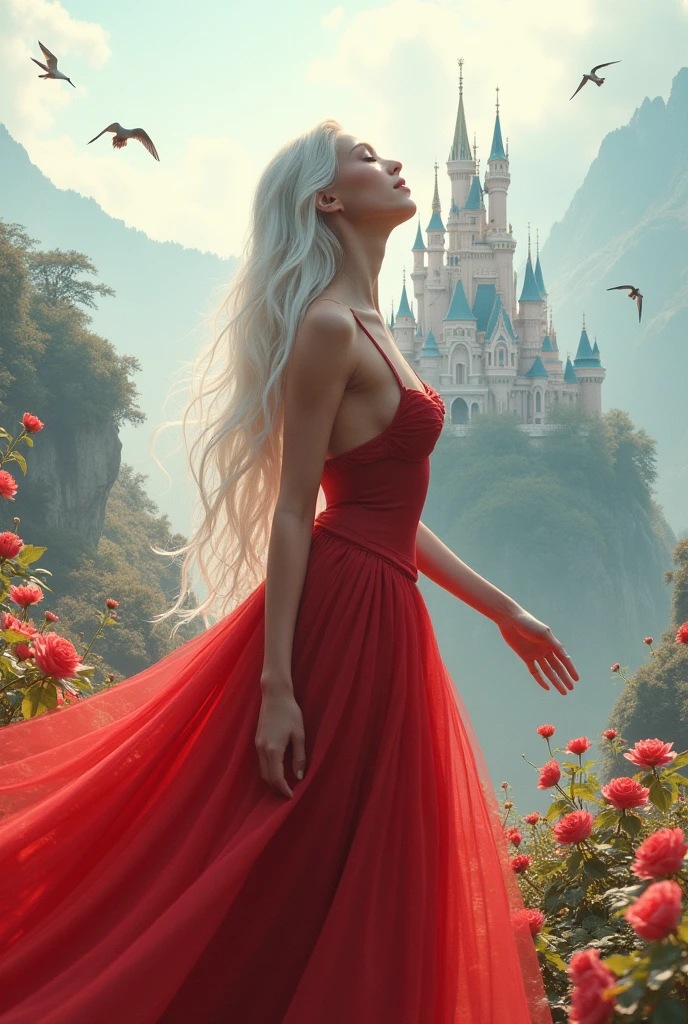 (8k, Highest quality, masterpiece),(Realistic, RAW Photos, Super Fine Clear), Realistic Light, Detailed skin, Beautiful woman, ((25-year-old female, PRİNCESS:1.5)), Thin legs, fine grain, Long white hair, Detailed fingers, erotic, Sexual, Expressions of ecstasy, huge bouncing busts, (A crimson dress of intricate construction), , (Shangri-La, Flowers, Flowers, birds, wind and moon, Flower Storm), Cinderella Castle, Double Exposure, silhouette