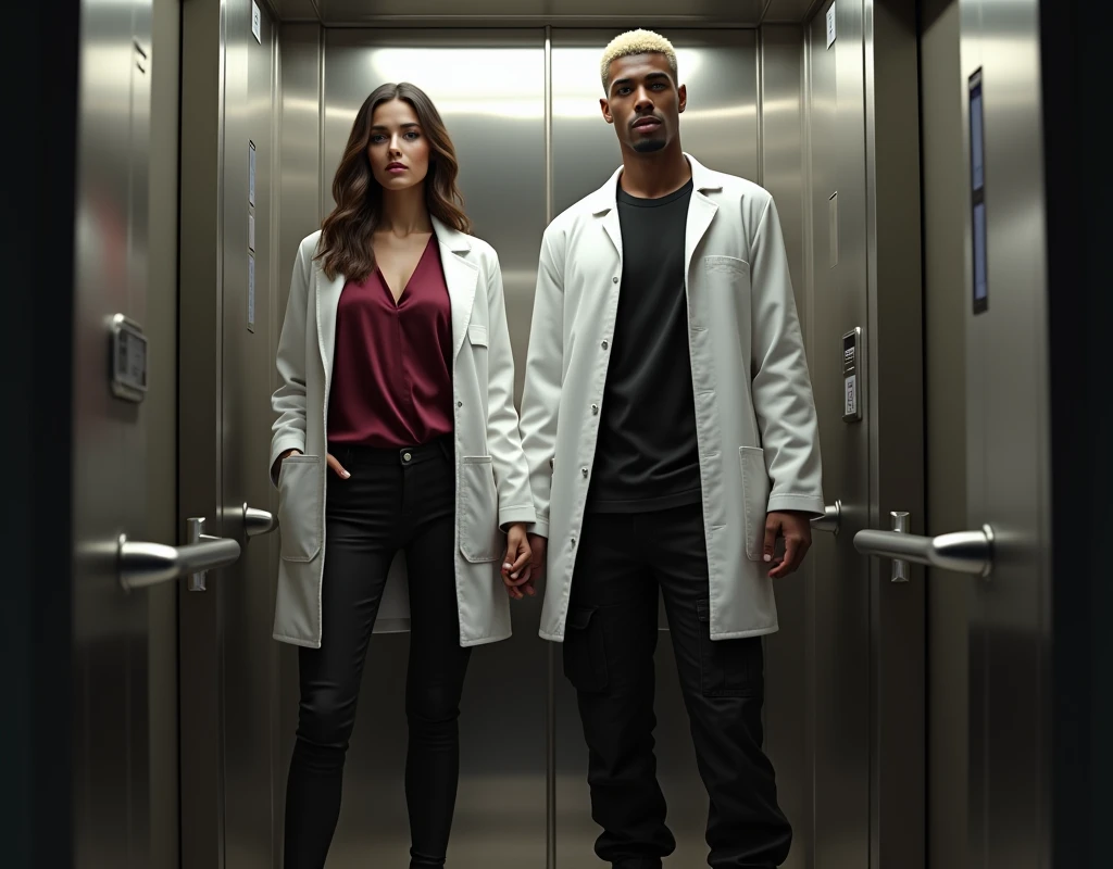 Photorealistic, cinematic, attractive young man (216cm tall:1.6) with crew cut platinum blond wavy swept-back hair, dark skin, long black stubble, Arabic-Egyptian features, white lab coat over a black t-shirt, black cargo pants and black boots, standing inside elevator next to a young woman (170cm short:1.2) vibrant maroon side-parted medium-length wavy hair, very pale skin, soft green silk work blouse, low-rise black pants and black boots.