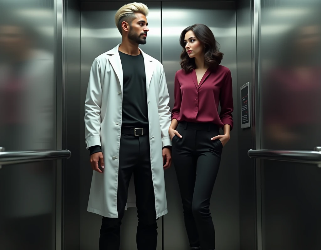 Photorealistic, cinematic, attractive young man (216cm tall:1.6) with crew cut platinum blond wavy swept-back hair, dark skin, long black stubble, Arabic-Egyptian features, white lab coat over a black t-shirt, black cargo pants and black boots, standing inside elevator next to a young woman (170cm short:1.2) vibrant maroon side-parted medium-length wavy hair, very pale skin, soft green silk work blouse, low-rise black pants and black boots. 