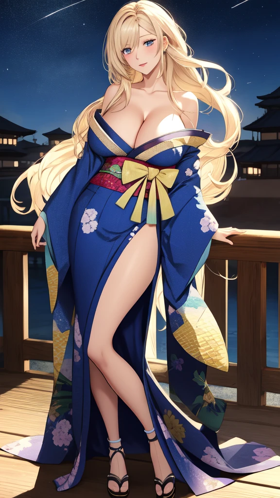 florence_alicia, huge_breasts, standing, solo, kimono, masterpiece, best quality, detailed face, detailed eye,best, 1girl, mature_lady, , long hair, , full body shot ,off the shoulder, cleavage,big breast:1.5,body facing front,eyes on viewer,leaning toward front, thigh-high kimono, standing straight , straight hair,face straight,night sky