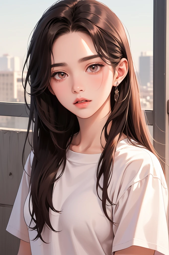 Girl, long straight brown hair, brown eyes, sharp features, white skin, pink lips, beautiful, high school clothes,ผมสีดำ, พื้นหลังเรียบง่าย, 