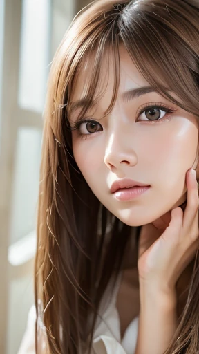 Written boundary depth, Genuine, Realistic, Very detailed, beautiful, thin, cute, 20th Generation, beautiful features, actress, mature, Upper Body, Light brown hair, thin髪, Small face, Live Action, Highest quality, Highly detailed CG Unity 8K wallpapers, Ultra-high resolution, Natural Fashion, Lighting, Medium Hair, (Puffy eyes), model diagram, Add light to your hair, Rotation Pose, grayish brown hair, Model pose, Studio shot, White Background, Delicate skin types, Light wavy hair that is close to straight hair, Please place your hands around your mouth, Adult clothing, Hair model photoshoot, Hair blowing in the wind, Transparent Hair, thin髪の細さ, Soft Hair, Fine skin, Bright photo, Less hair, Pull angle, professional Lighting, Realistic light, Realistic shadow, Natural light, Soft Light, Beige Hair、thin、Show your forehead