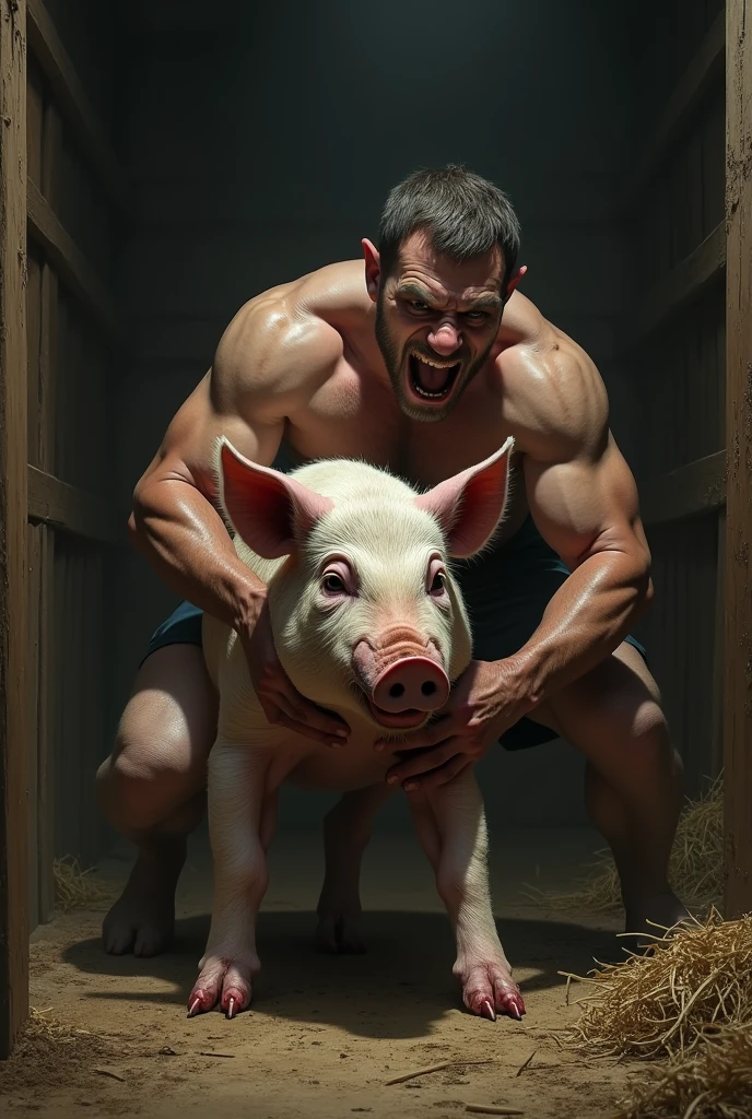 Image of a man restraining a pig half scary and realistic less scary image in a barn 