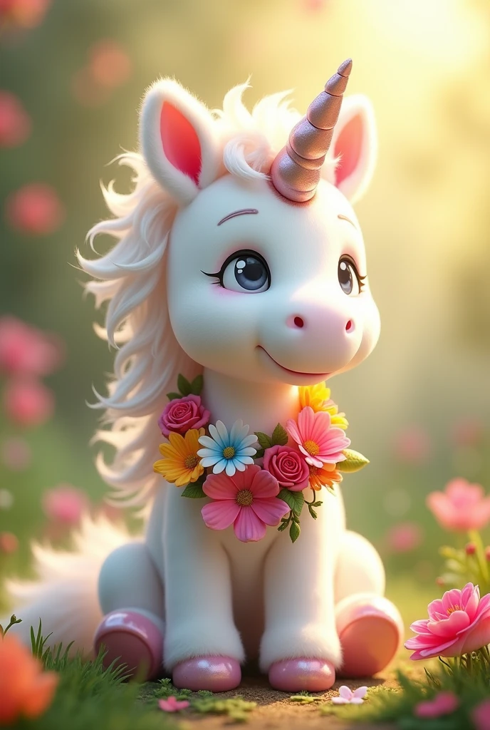 A cute white unicorn doll wearing a colorful flower necklace