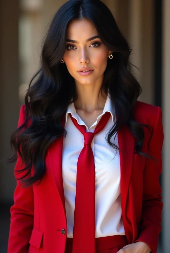 Portrait, Beauty Woman, Focus Camera, Black Hair, Long Hair, Earring, Shirt White, Blazer Red, Tie Red, model pose, hands in trouser pockets