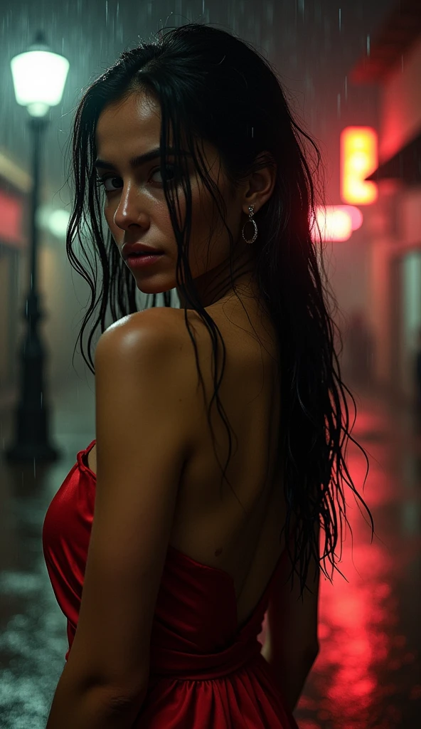 1girl,solo, Mary R.,long hair,Rough skin,from back,face focus,(looking at viewer:1.2),wet hair,dark,polaroid,(depth_of_field:1.5),rainy days,outdoors,street,hair between eyes,moody lighting,Tyndall effect,Cinematic Lighting,night,lamppost,lens flare,available light,rim light,glowing neon lights,curvy,Red silk dress,mexican girl,naked, beauty girl, sexy girl