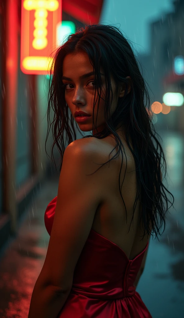 1girl,solo, Mary R.,long hair,Rough skin,from back,face focus,(looking at viewer:1.2),wet hair,dark,polaroid,(depth_of_field:1.5),rainy days,outdoors,street,hair between eyes,moody lighting,Tyndall effect,Cinematic Lighting,night,lamppost,lens flare,available light,rim light,glowing neon lights,curvy,Red silk dress,mexican girl,naked, beauty girl, sexy girl 