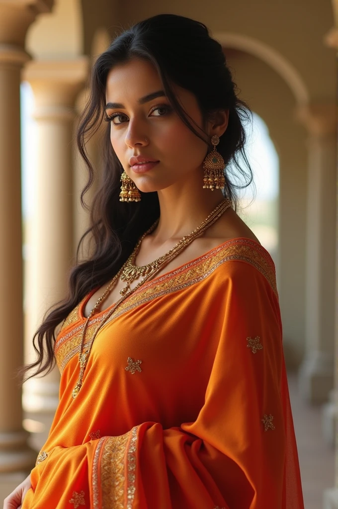 Create a beautiful girl with big boobs in saree with bra