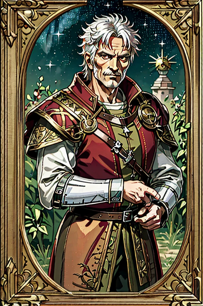 Highest quality, masterpiece, High resolution,，（Caesar），（smug face），Roman Empire，（Starry Sky_background），Old Man，Anime Style, 4K, alone，whole body， looking at the camera, （wine-red_coat）Laurel wreath，White Hair，Short Hair，（Full Finger）, Hyper Detail, (Intricate details),