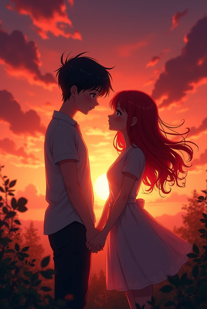 Anime boy and girl , red and black Hair, couple, sunset , red sky