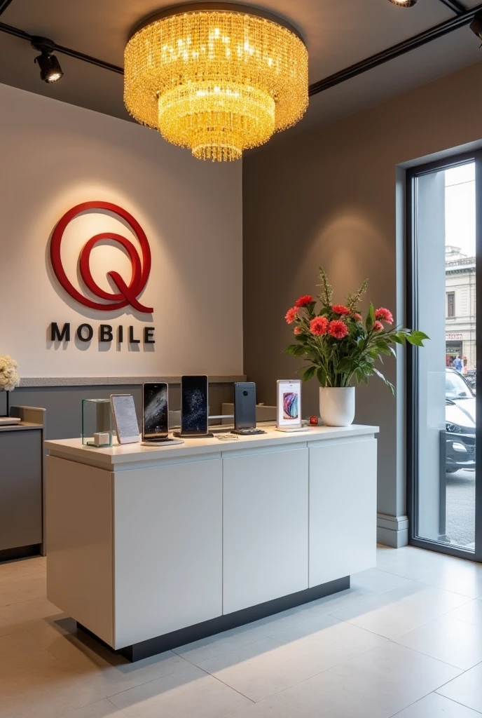 View of the reception shop of a mobile shop, with right left mobiles rage, gray or white accents, a warm yellow crystal chandelier, and a shop logo on the wall behind the reception desk, "Q MOBILE." ", there is right left mobiles on the stands, "Q" is red and "MOBILE" color is black