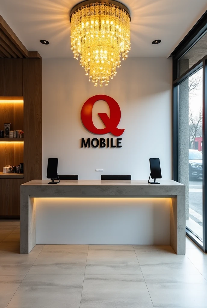 View of the reception shop of a mobile shop, with right left mobiles rage, gray or white accents, a warm yellow crystal chandelier, and a shop logo on the wall behind the reception desk, "Q MOBILE." ", there is right left mobiles on the stands, "Q" is red and "MOBILE" color is black
