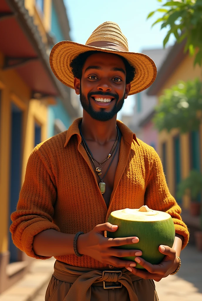 A man with characteristics from Bahia, with a straw hat perched on his head, He is drinking coconut water and is happy, make it with typical clothes from old Bahia like a knitted shirt and pants 