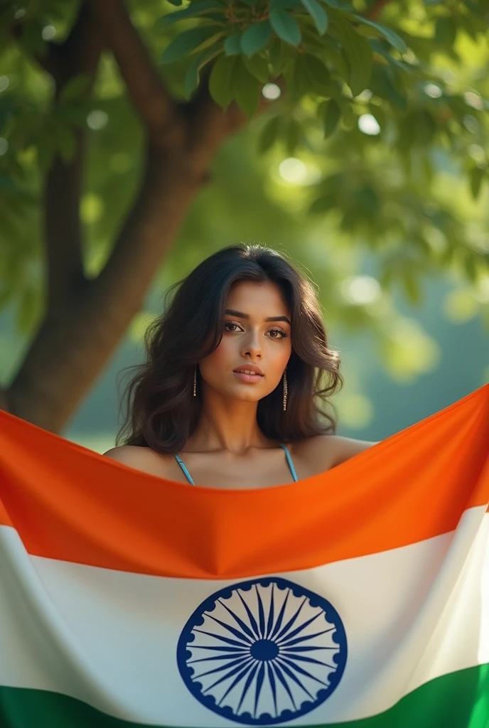 ((Best Quality, 8k, Masterpiece: 1.3) a woman holding an indian flag in front of a tree, a colorized photo, by Manjit Bawa,tumblr, rasquache, handsome girl, 🤬 🤮 💕 🎀, assamese, very beautiful girl