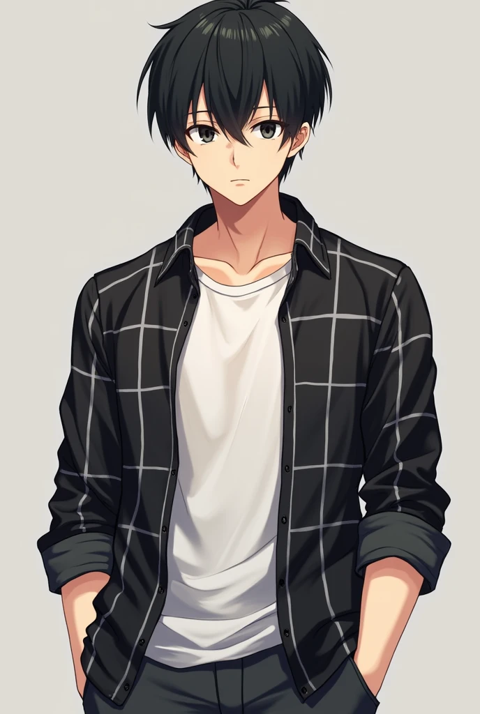 25-year-old white anime boy, wearing an open casual plaid button-down shirt with a regular shirt underneath, middle part hair at eye level, serious with black eyes, with a strong and defined physique, less cute front photo