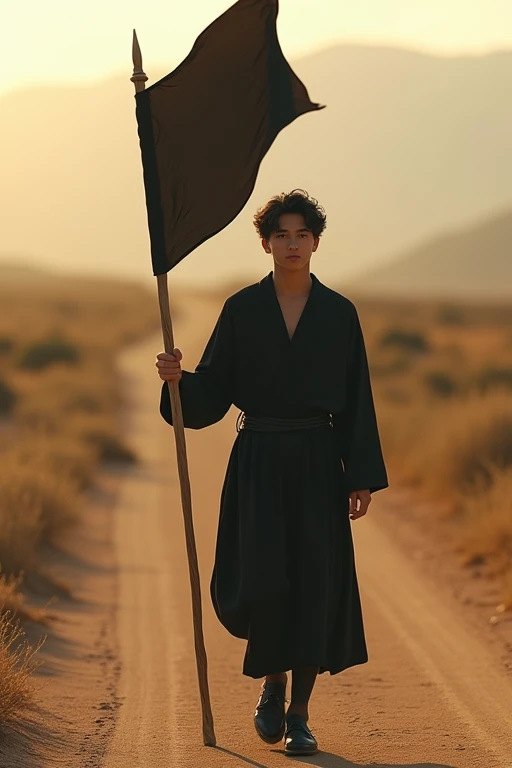 Create a realistic cinematic portrait with a warm perspective of a young man wearing a black, modest outfit, with black hair and defined features. He is walking on a semi-desert road, looking ahead, and carrying a black flag with no writing on it.