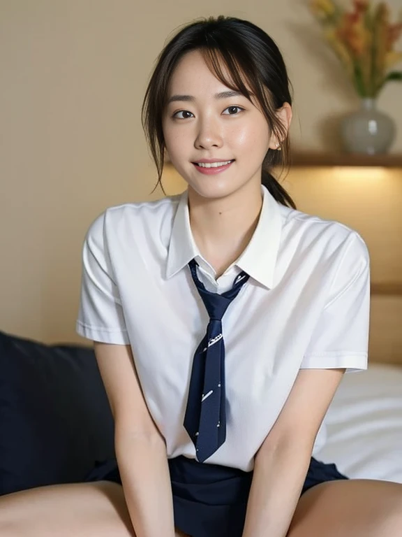 (Masterpiece, Best quality:1.3), (Ultra realistic, Photo-realistic:1.2), Natural light, 28 years old actress, Japanese beautiful 2 women, Neat and clean, (School uniform, Collared shirts, White shirts, Short sleeve, Darknavy tie, Darknavy short skirt:1.2), (unbutton:1.3), White sock, (Ponytail:1.2), (Beautiful faces), Oval face, clear, Beautiful eyes, Kind eyes, Clear skin, Small face, Beautiful mouth, Small mouth, Natural makeup, Approachable, Seductive smile, (Seductive pose:1.2), Beautiful thighs, Bedroom eyes, Embarrassed, Blush, Luxury hotel Suite room, On bed, (nsfw:1.1), obscene reality of girls, (lesbian couple, petting together:1.1), Spread legs,