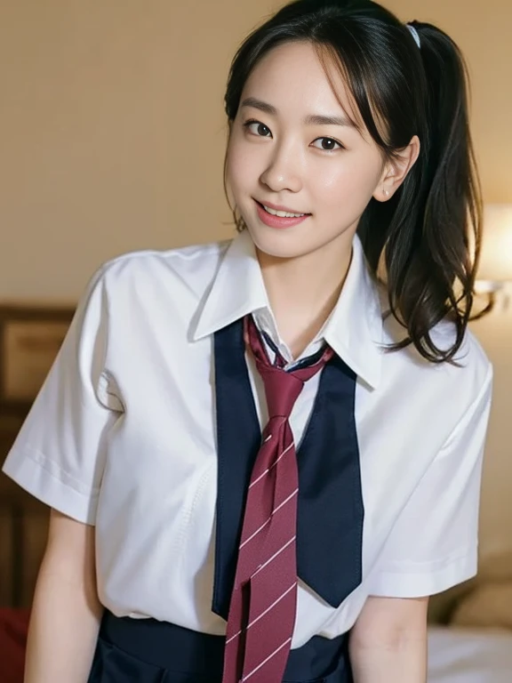 (Masterpiece, Best quality:1.3), (Ultra realistic, Photo-realistic:1.2), Natural light, 28 years old actress, Japanese beautiful 2 women, Neat and clean, (School uniform, Collared shirts, White shirts, Short sleeve, Darknavy tie, Darknavy short skirt:1.2), (unbutton:1.3), White sock, (Ponytail:1.2), (Beautiful faces), Oval face, clear, Beautiful eyes, Kind eyes, Clear skin, Small face, Beautiful mouth, Small mouth, Natural makeup, Approachable, Seductive smile, (Seductive pose:1.2), Beautiful thighs, Bedroom eyes, Embarrassed, Blush, Luxury hotel Suite room, On bed, (nsfw:1.1), obscene reality of girls, (lesbian couple, petting together:1.1), Spread legs,