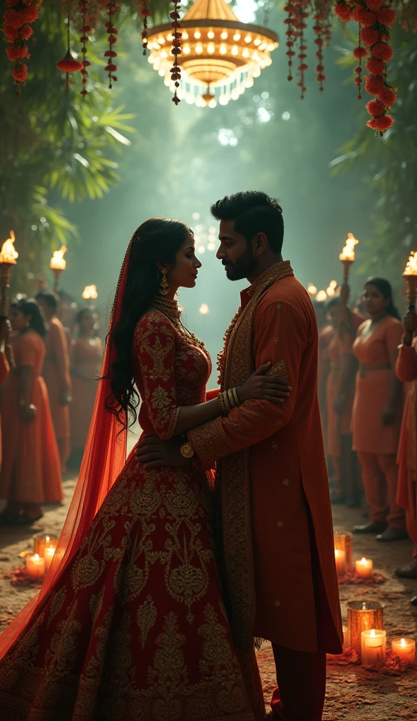 Create a image related to this Mirzapur 2 episode 1 promt.    Narrator: "Welcome to Mirzapur, where power
and revenge rule."
Scene 1: The Wedding
[Cut to a grand wedding celebration in the
jungle. Guddu Pandit, the protagonist, is
getting married.]
Guddu: [to his bride, Dimpy] "l promise to
always protect you."
Dimpy: "l promise to always support you."