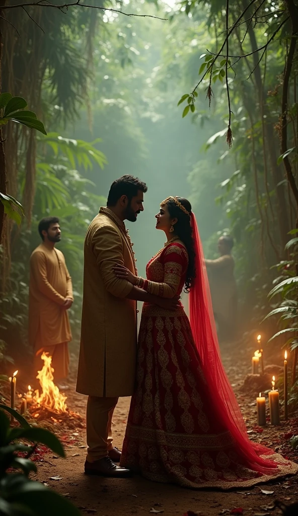 Create a image related to this Mirzapur 2 episode 1 promt.    Narrator: "Welcome to Mirzapur, where power
and revenge rule."
Scene 1: The Wedding
[Cut to a grand wedding celebration in the
jungle. Guddu Pandit, the protagonist, is
getting married.]
Guddu: [to his bride, Dimpy] "l promise to
always protect you."
Dimpy: "l promise to always support you."