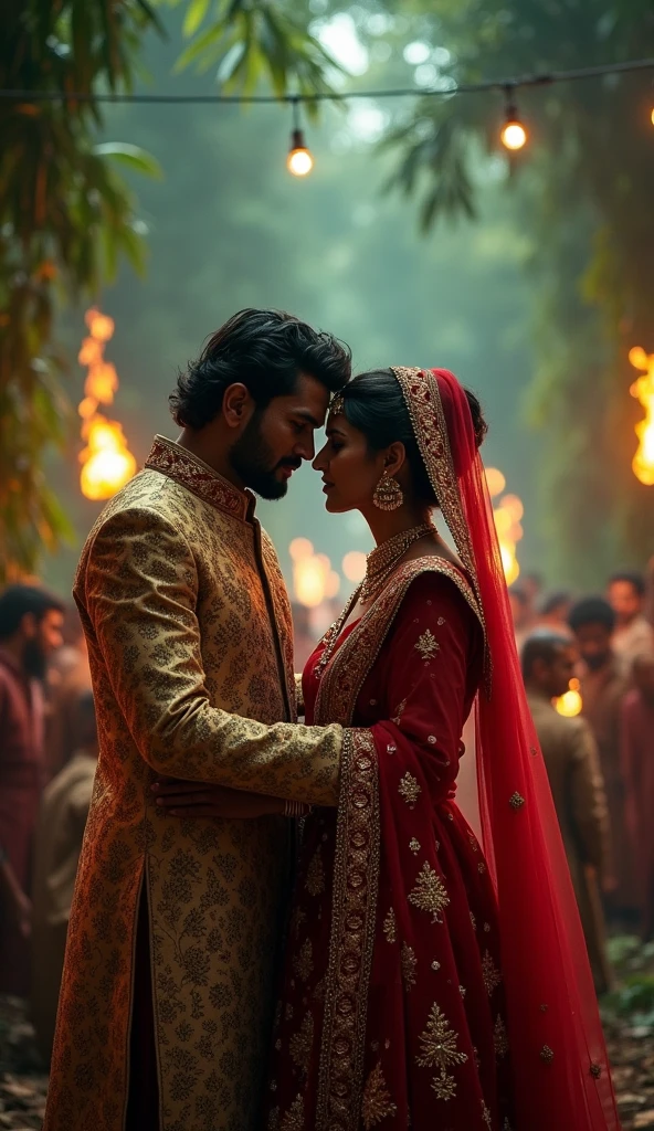Create a image related to this Mirzapur 2 episode 1 promt.    Narrator: "Welcome to Mirzapur, where power
and revenge rule."
Scene 1: The Wedding
[Cut to a grand wedding celebration in the
jungle. Guddu Pandit, the protagonist, is
getting married.]
Guddu: [to his bride, Dimpy] "l promise to
always protect you."
Dimpy: "l promise to always support you."